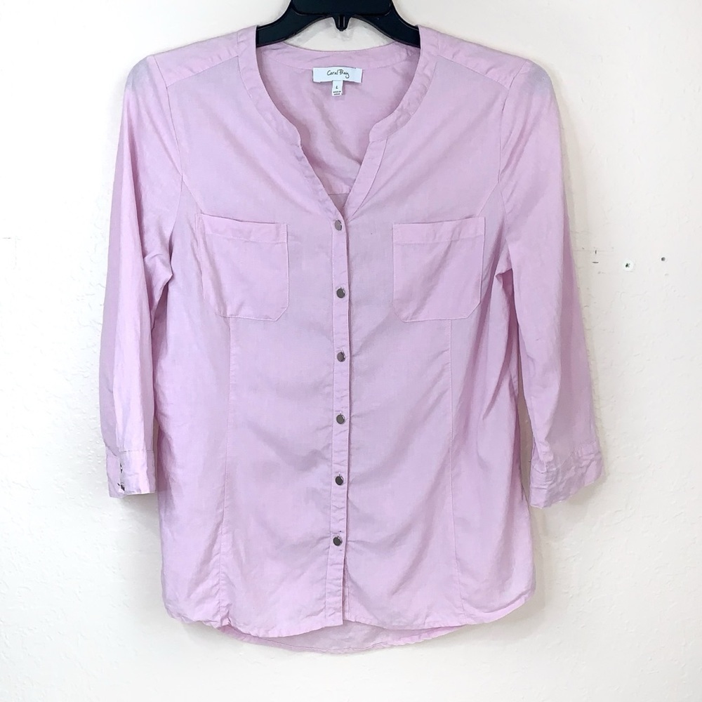 Coral Bay Linen Blend Top Womens Large Pink 3/4 Sleeves Snap Front Casual cruise